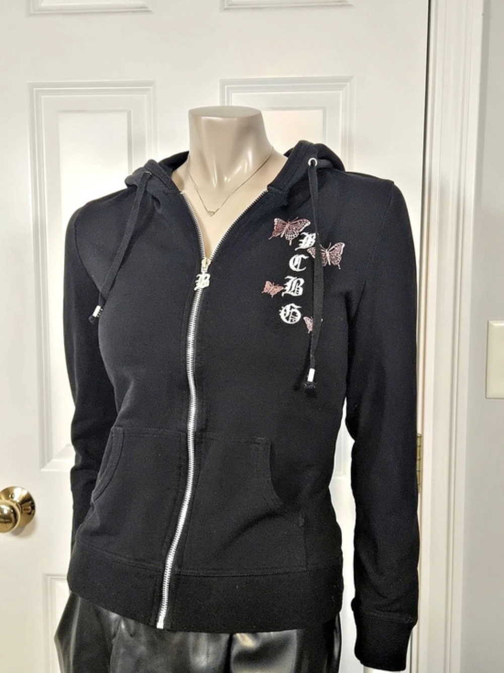 Y2K BCBGMAXAZRIA Rhinestone Butterfly Crown Zip Up Hoodie Black & Pink XL